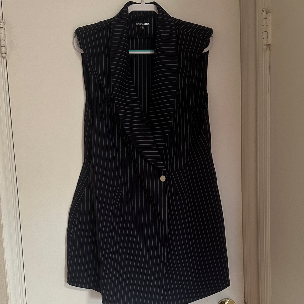Fashion Nova Navy Pinstripe Sleeveless Romper Blazer